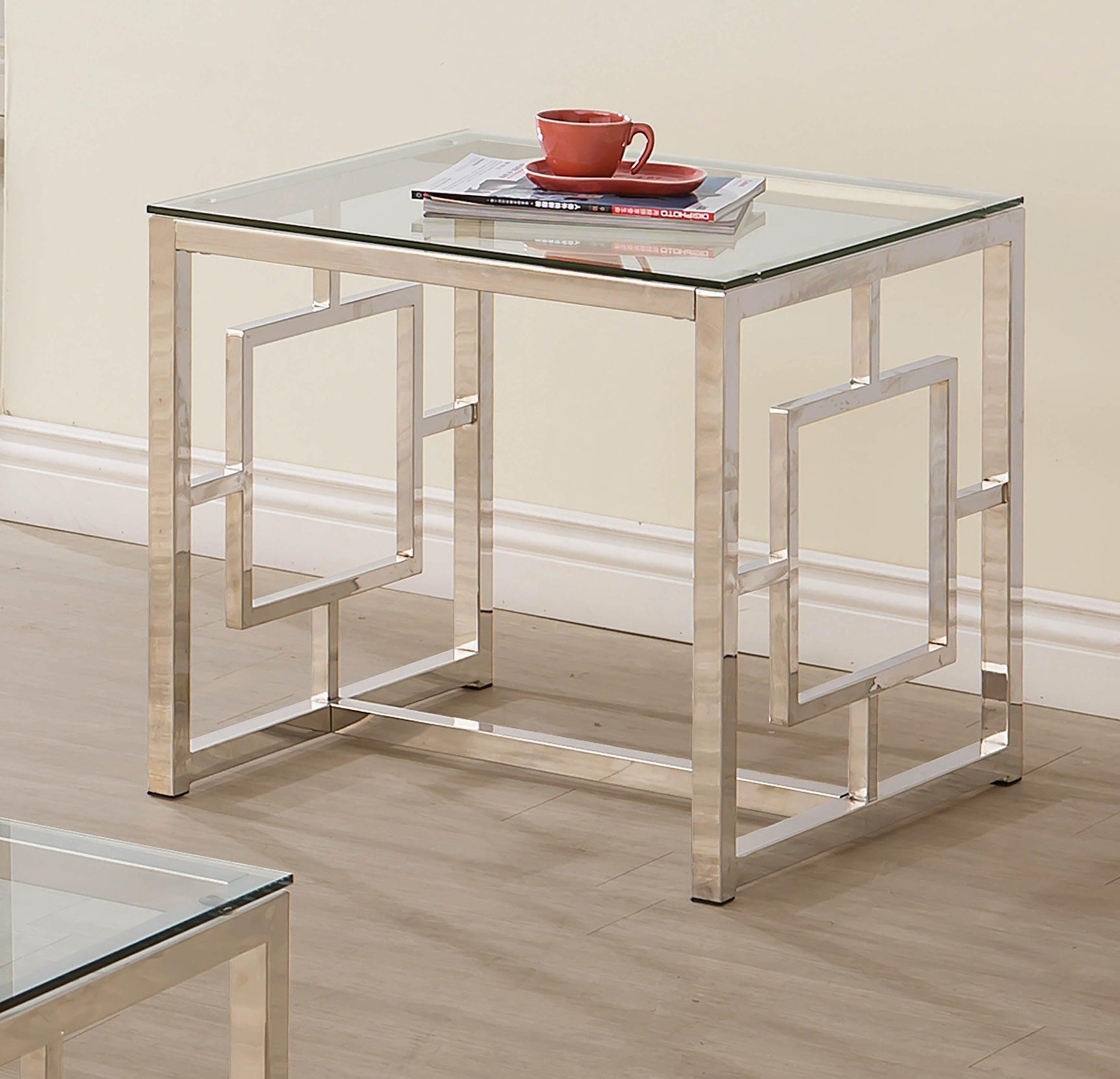 Merced Square Tempered Glass Top End Table Nickel - Ella Furniture
