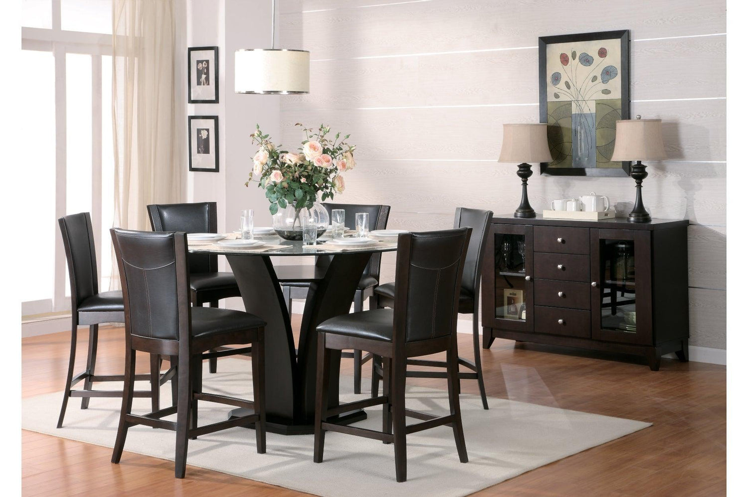 Daisy Espresso Black Solid Wood Faux Leather Seat Glass Top Round Counter Height Dining Room Set - Ella Furniture