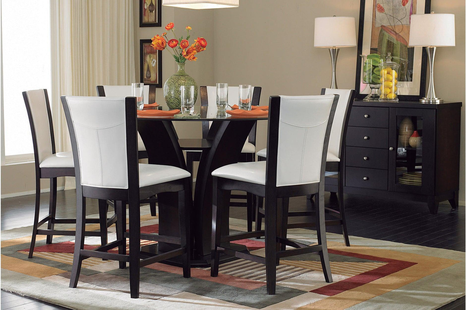 Daisy Espresso Black Solid Wood Faux Leather Seat Glass Top Round Counter Height Dining Room Set - Ella Furniture