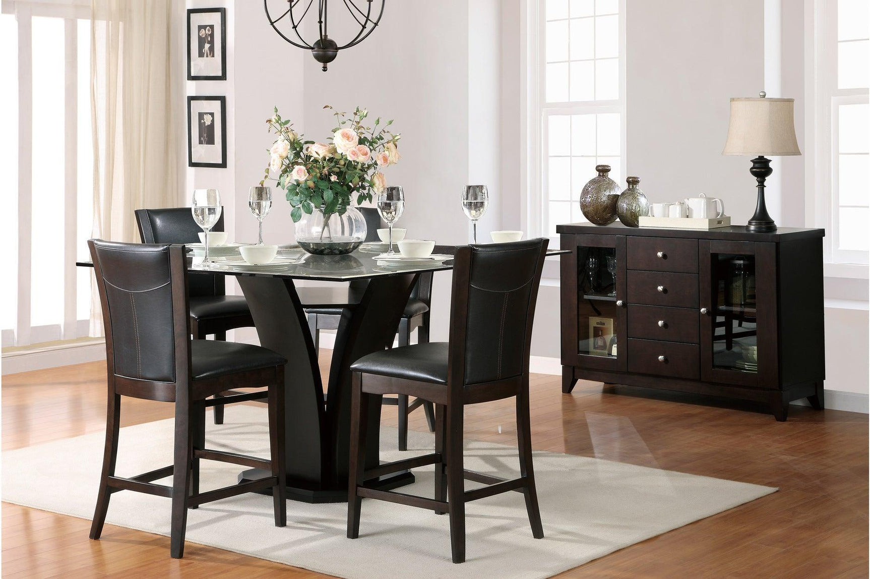 Daisy Espresso Black Solid Wood Faux Leather Seat Glass Top Square Counter Height Dining Room Set - Ella Furniture