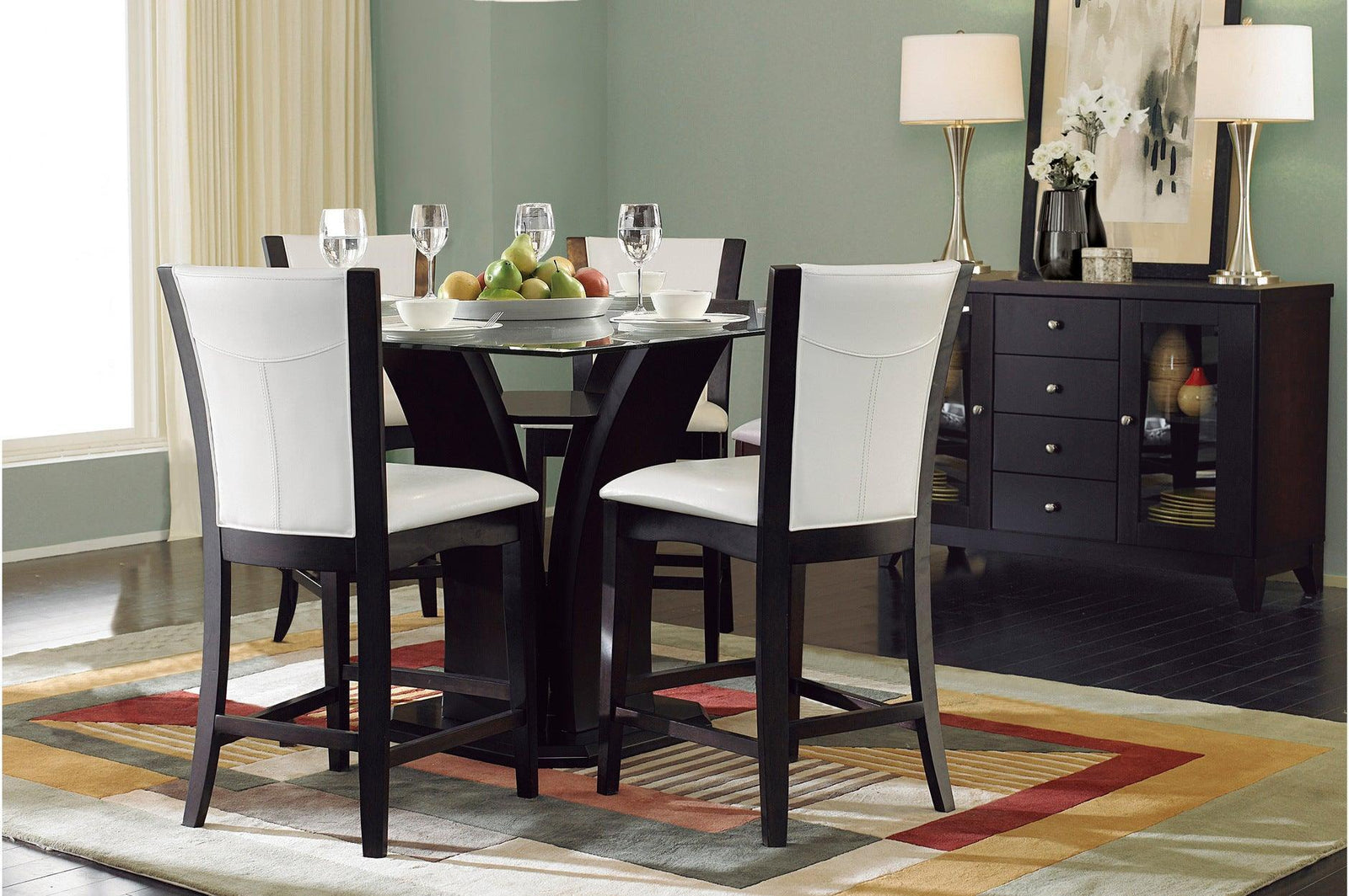 Daisy Espresso Black Solid Wood Faux Leather Seat Glass Top Square Counter Height Dining Room Set - Ella Furniture