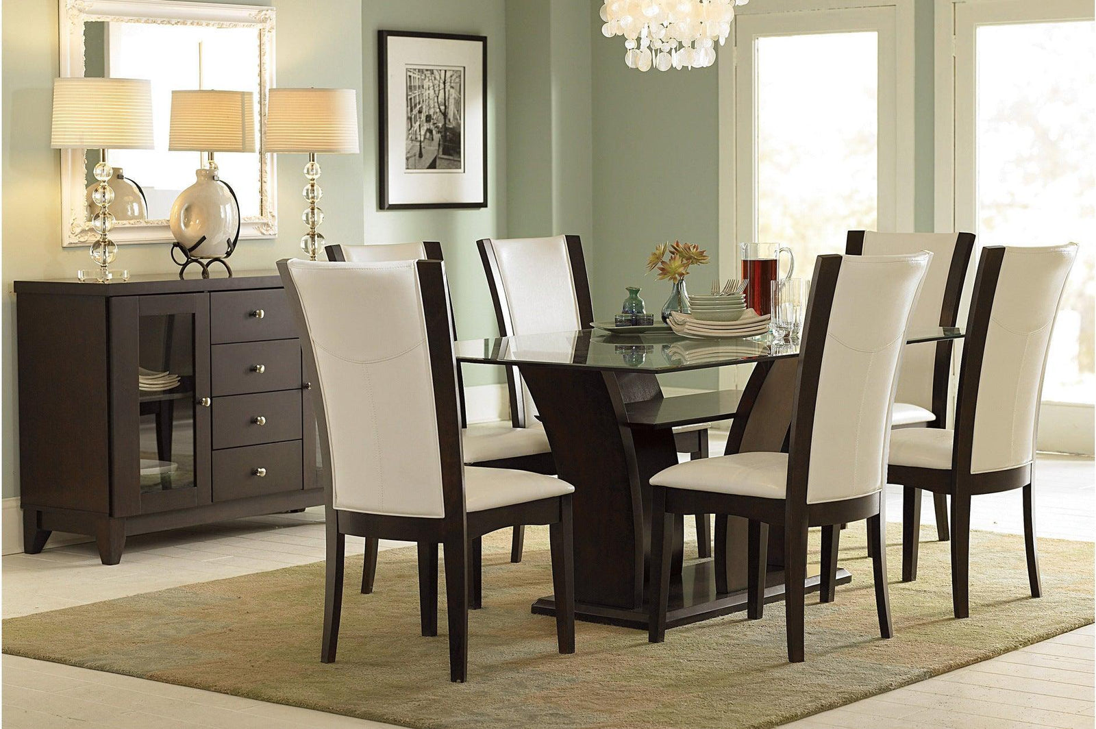 Daisy Espresso Black Solid Wood Faux Leather Glass Top Rectangular Counter Height Dining Room Set - Ella Furniture