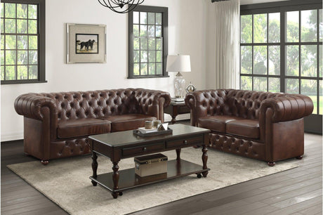 Tiverton Brown Solid Wood Plywood Breathable Faux Leather Upholstery Tufted 2Pc Set: Sofa, Love - Ella Furniture