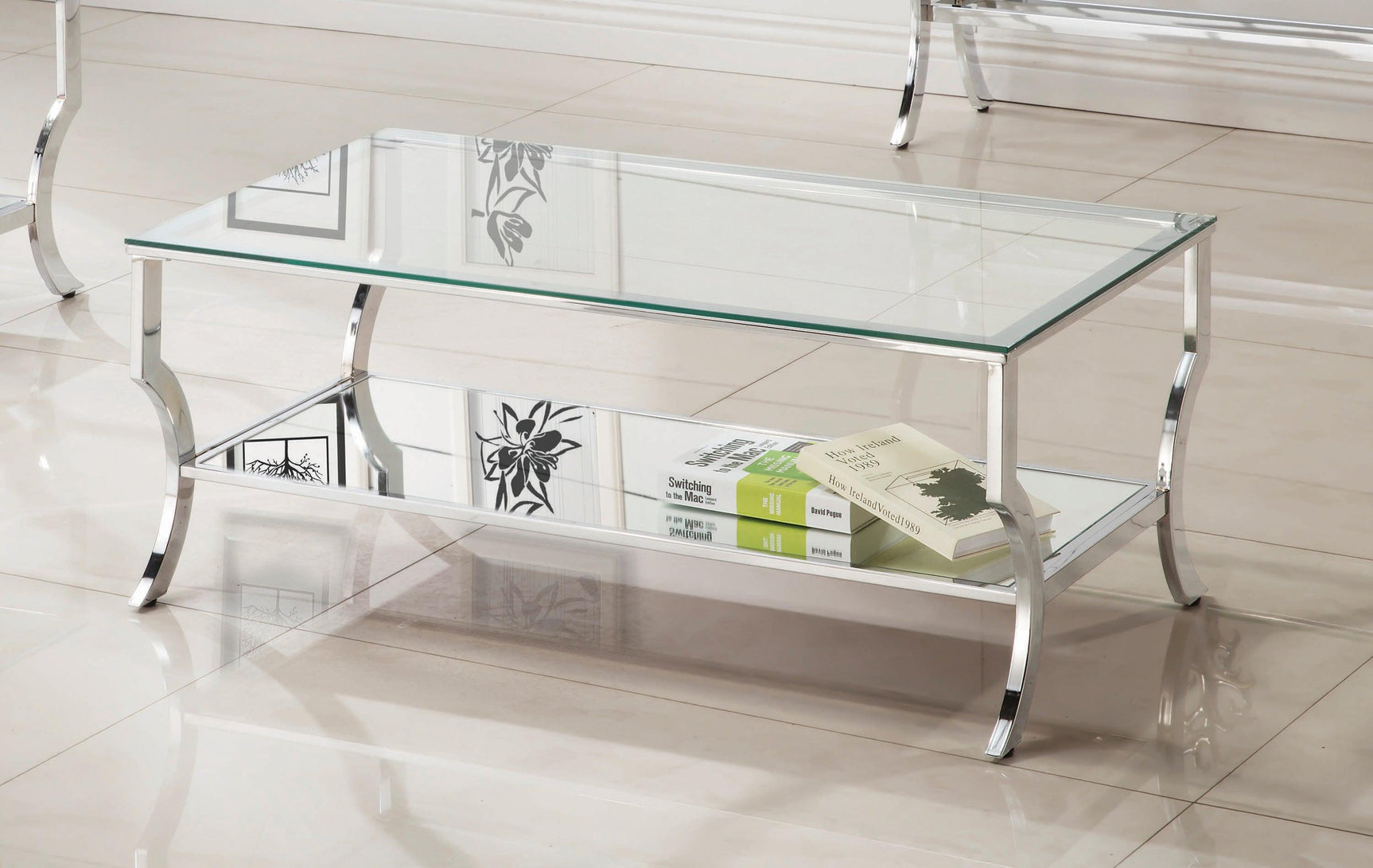 Saide Rectangular Coffee Table With Mirrored Shelf Chrome - Ella Furniture