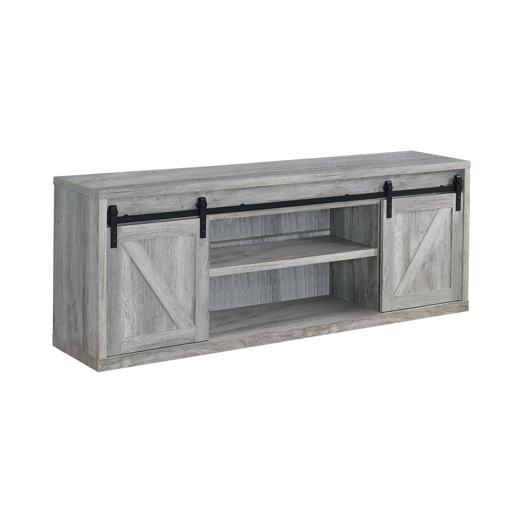 Brockton 71-Inch 3-Shelf Sliding Doors Tv Console Grey Driftwood - Ella Furniture