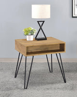 Fanning Square End Table With Open Compartment Golden Oak And Black - Ella Furniture