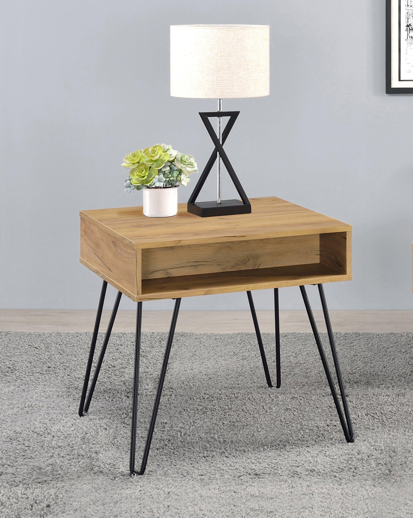 Fanning Square End Table With Open Compartment Golden Oak And Black - Ella Furniture