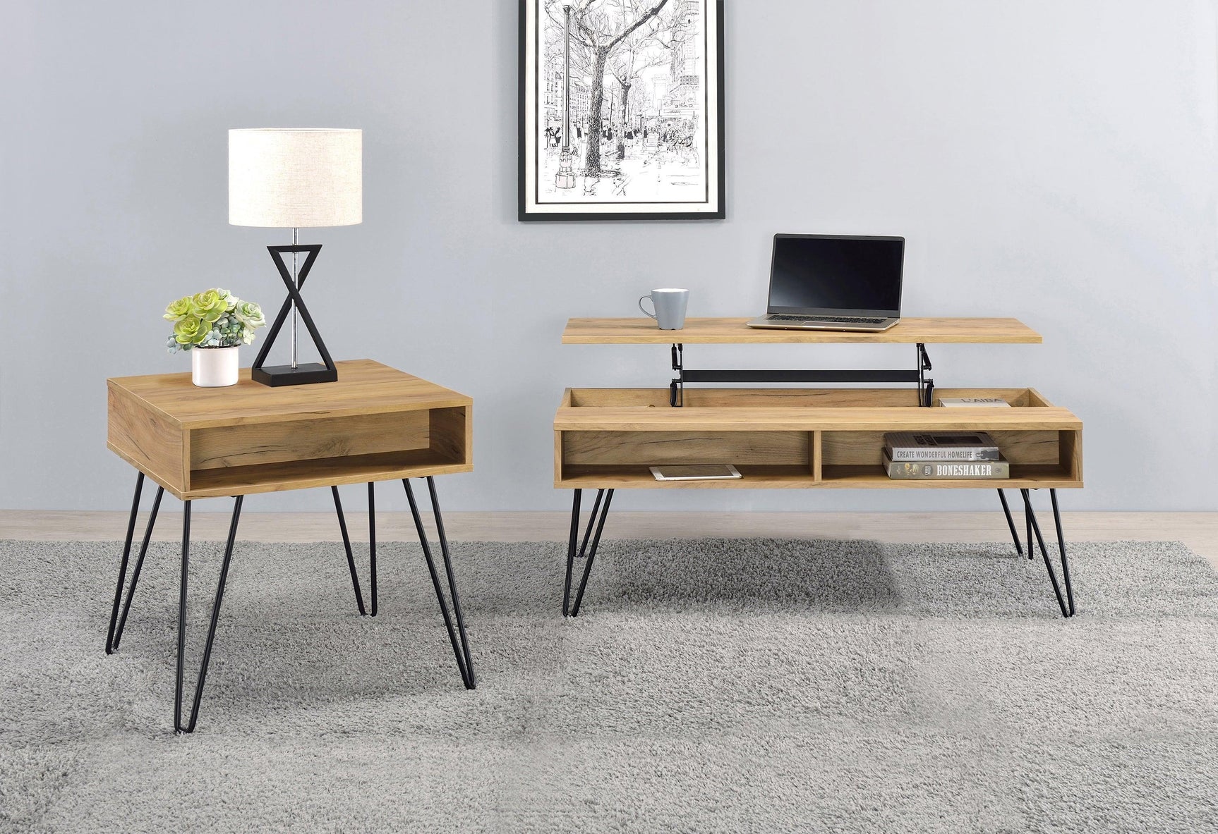 Fanning Square End Table With Open Compartment Golden Oak And Black - Ella Furniture