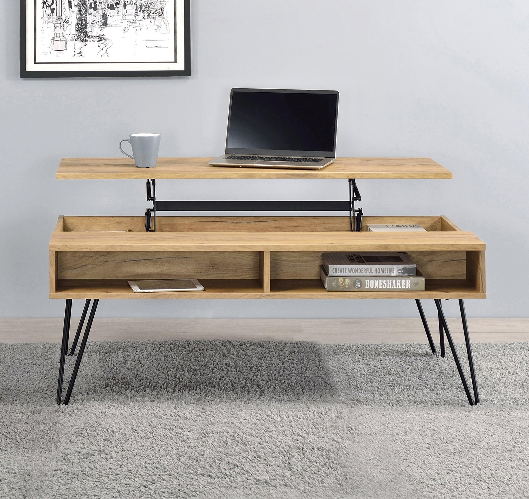 Fanning Lift Top Storage Coffee Table Golden Oak And Black - Ella Furniture