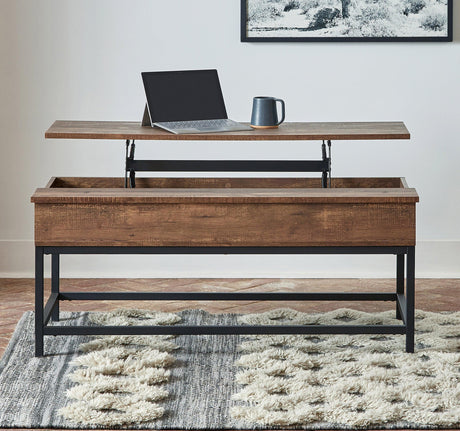 Byers Black Coffee Table With Hidden Storage Brown Oak And Sandy Black - Ella Furniture