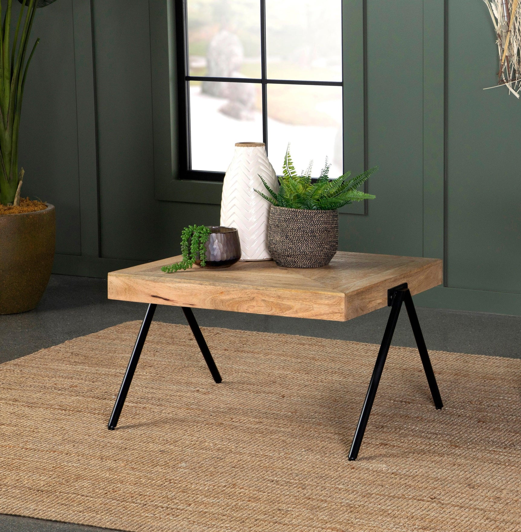 Avery Rectangular Coffee Table With Metal Legs Natural And Black - Ella Furniture