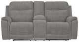 Mouttrie Smoke Chenille Power Reclining Loveseat With Console - Ella Furniture