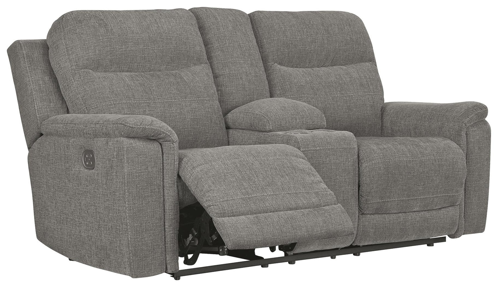 Mouttrie Smoke Chenille Power Reclining Loveseat With Console - Ella Furniture