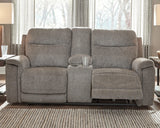 Mouttrie Smoke Chenille Power Reclining Loveseat With Console - Ella Furniture