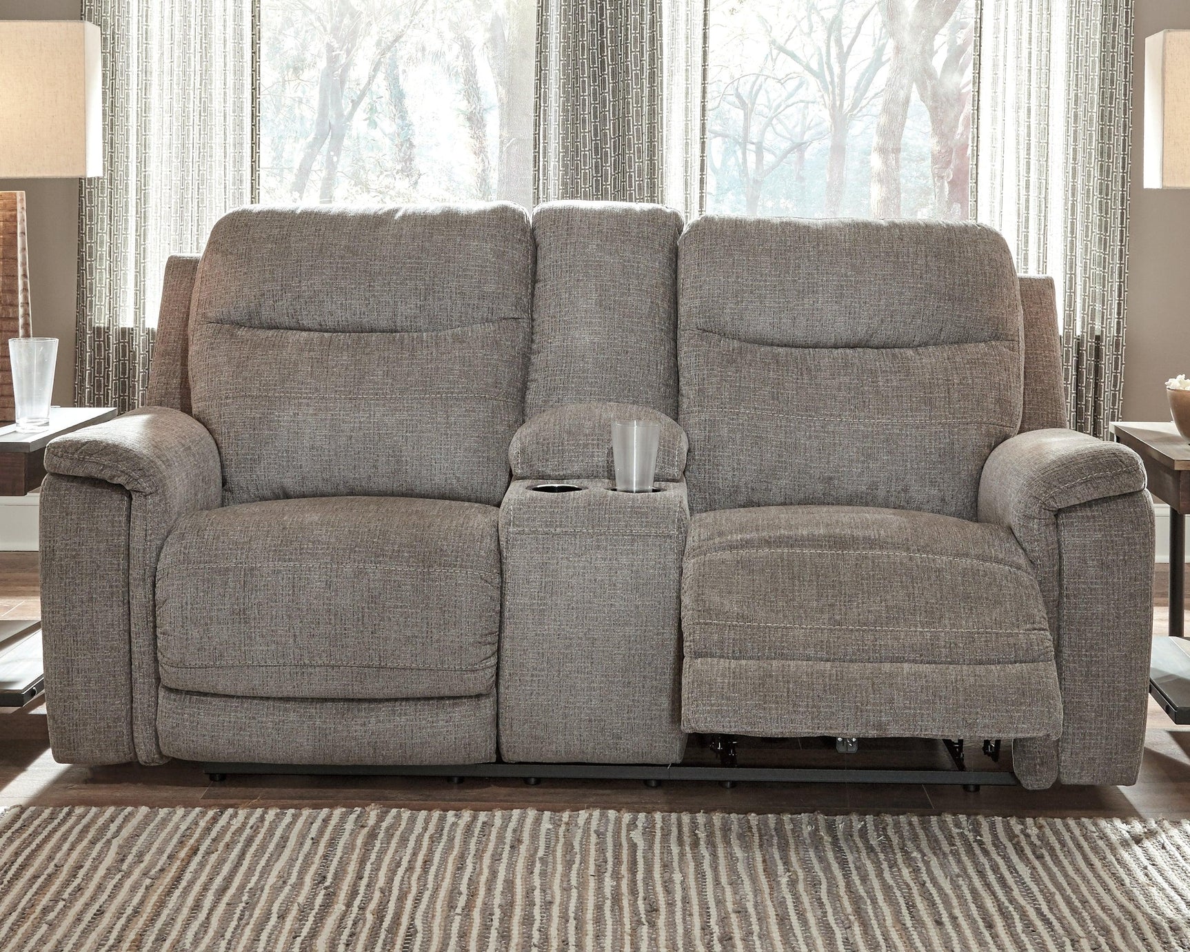 Mouttrie Smoke Chenille Power Reclining Loveseat With Console - Ella Furniture