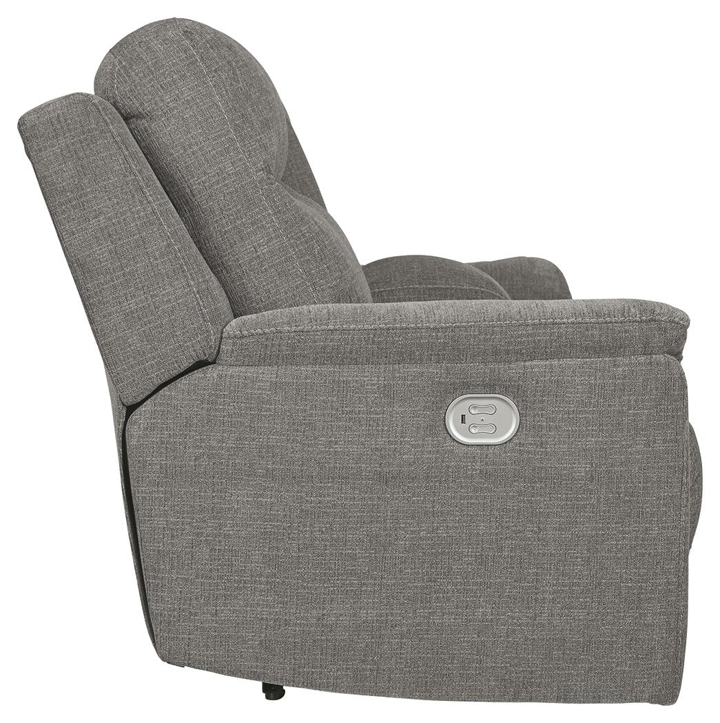 Mouttrie Smoke Chenille Power Reclining Loveseat With Console - Ella Furniture