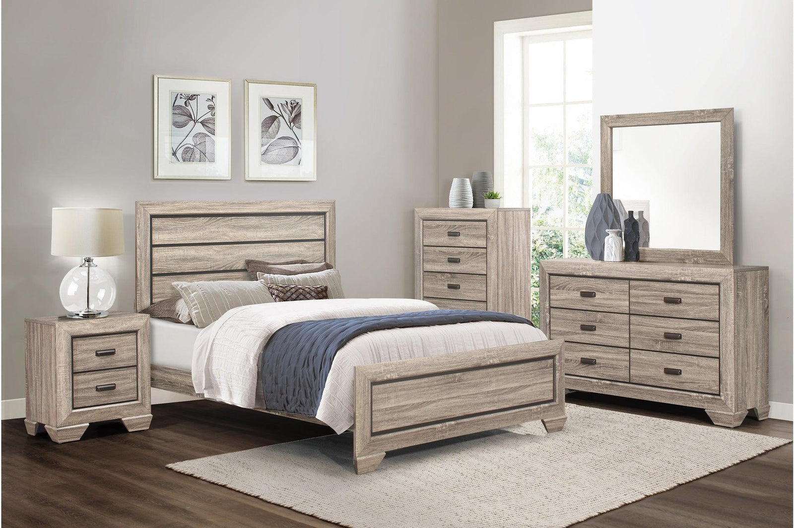 Beechnut Light Elm Contemporary Rustic Faux Wood Veneer Wood And Engineered Wood Panel Bedroom Set - Ella Furniture
