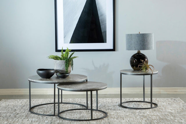 Lainey Faux Marble Round Top End Table Grey And Gunmetal - Ella Furniture