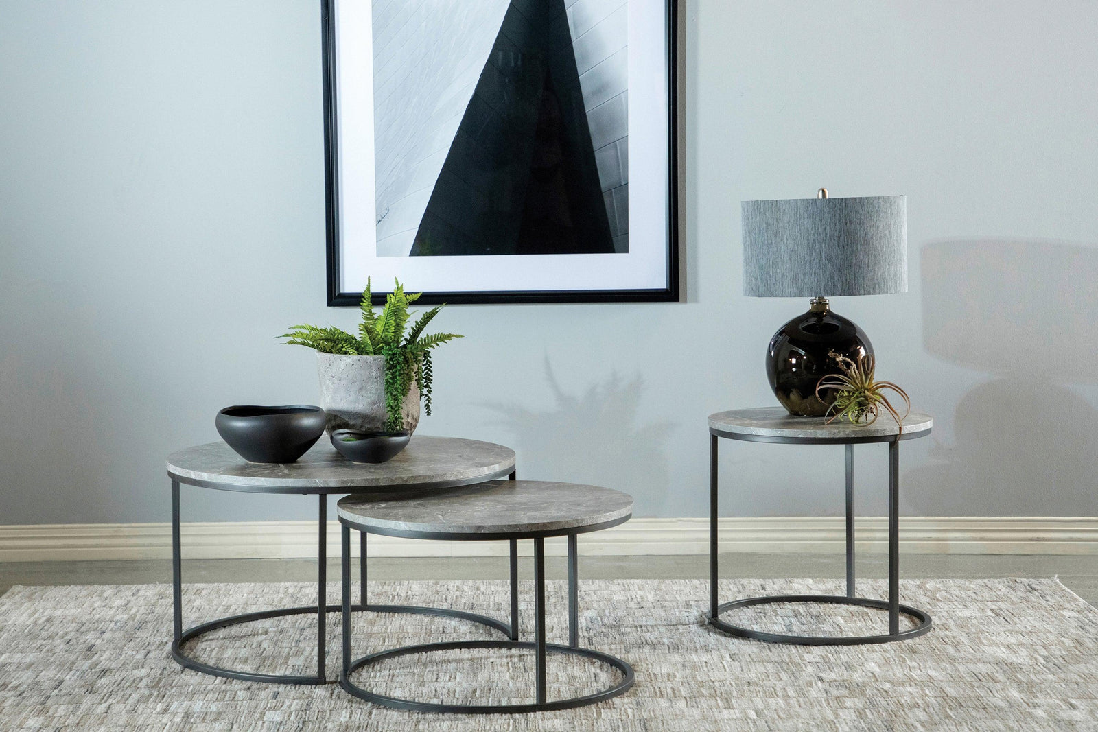 Lainey Faux Marble Round Top End Table Grey And Gunmetal - Ella Furniture
