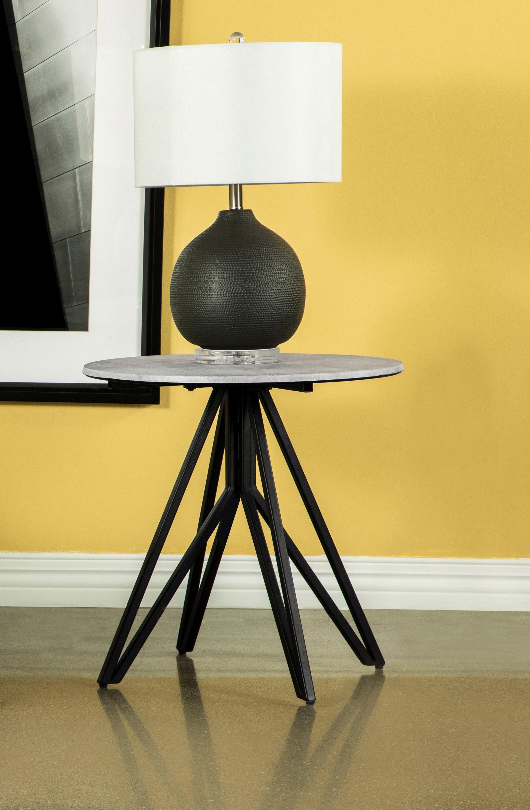 Hadi Round End Table With Hairpin Legs Cement And Gunmetal - Ella Furniture