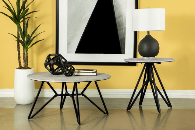 Hadi Round End Table With Hairpin Legs Cement And Gunmetal - Ella Furniture