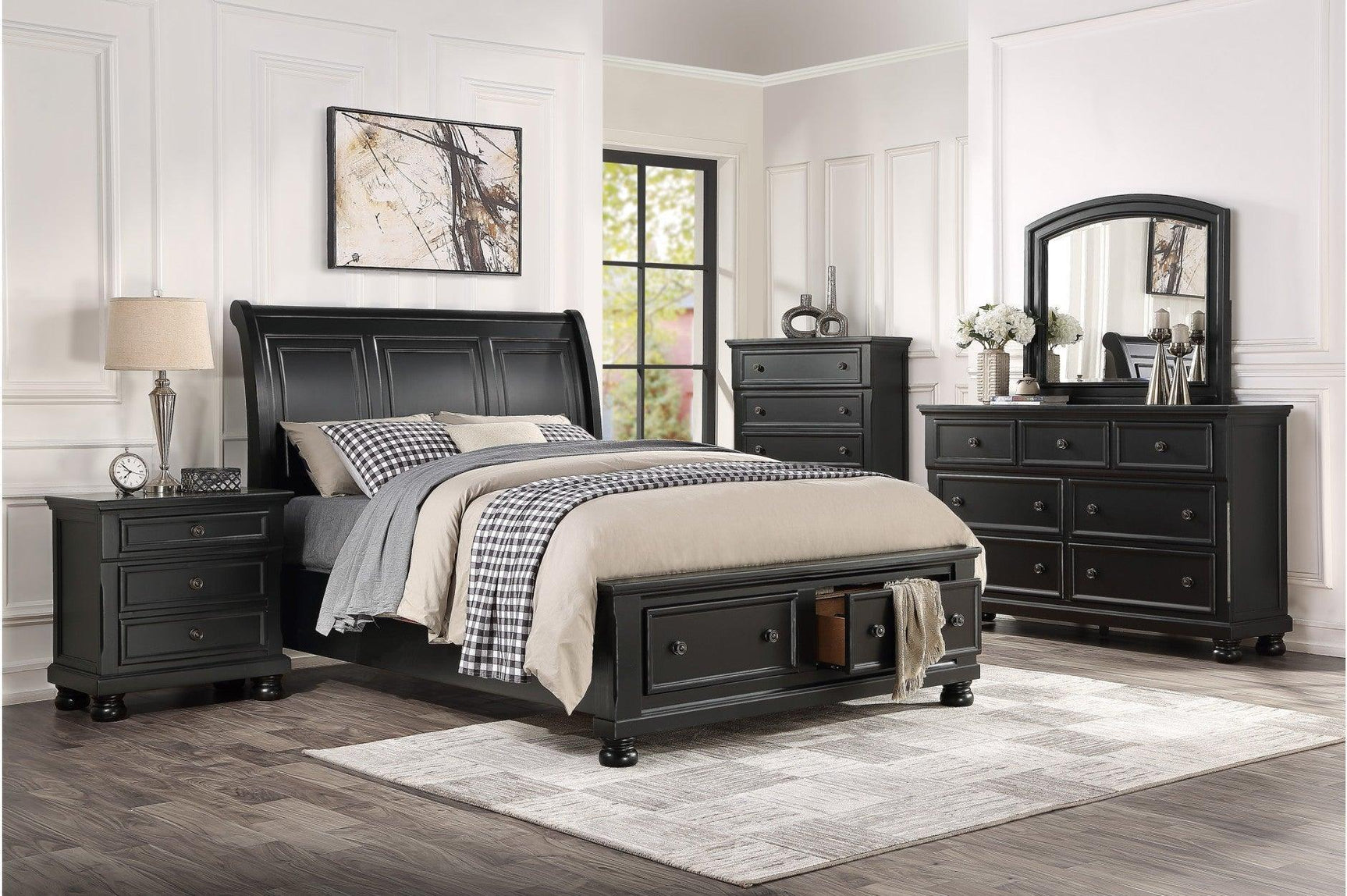 Laurelin Black Sand-through Finish Contemporary Transitional Solid Wood Storage Bedroom Set - Ella Furniture