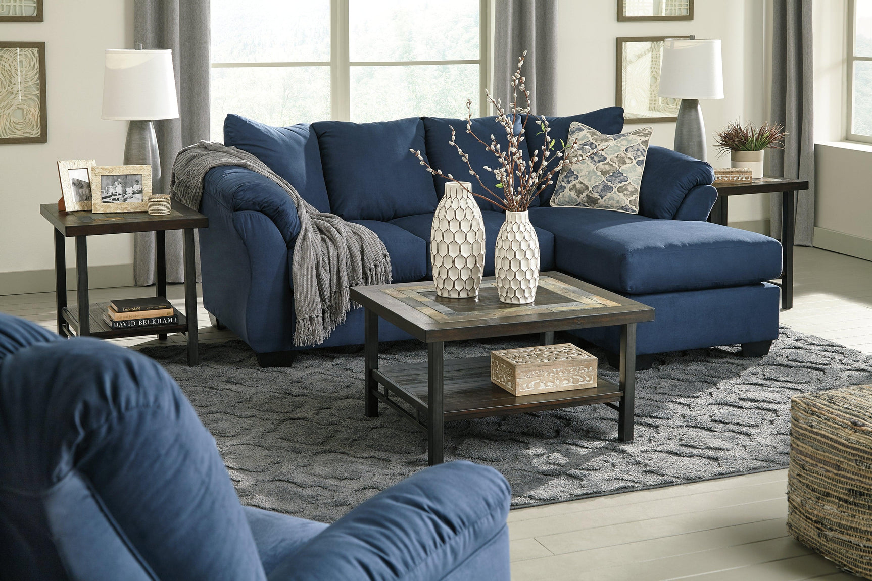 Darcy Blue Microfiber Sofa Chaise - Ella Furniture