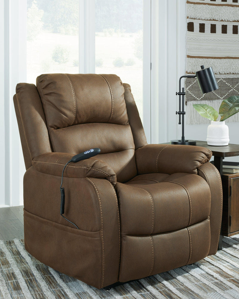 Whitehill Chocolate Faux Leather Power Lift Recliner - Ella Furniture