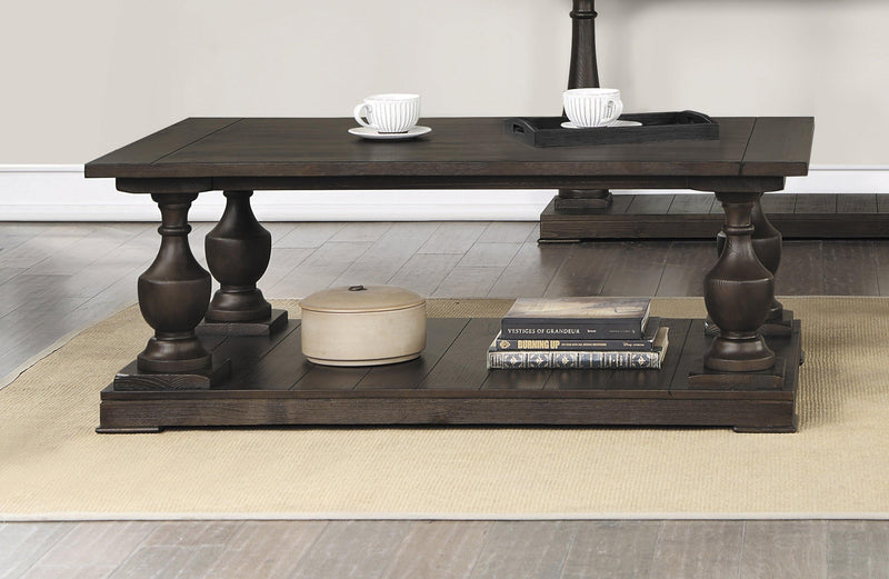 Walden Rectangular Coffee Table With Turned Legs And Floor Shelf Coffee - Ella Furniture