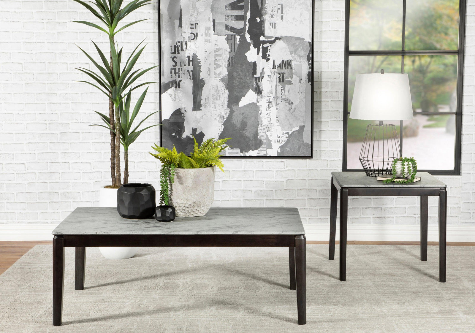 Mozzi Square End Table Faux Grey Marble And Black - Ella Furniture