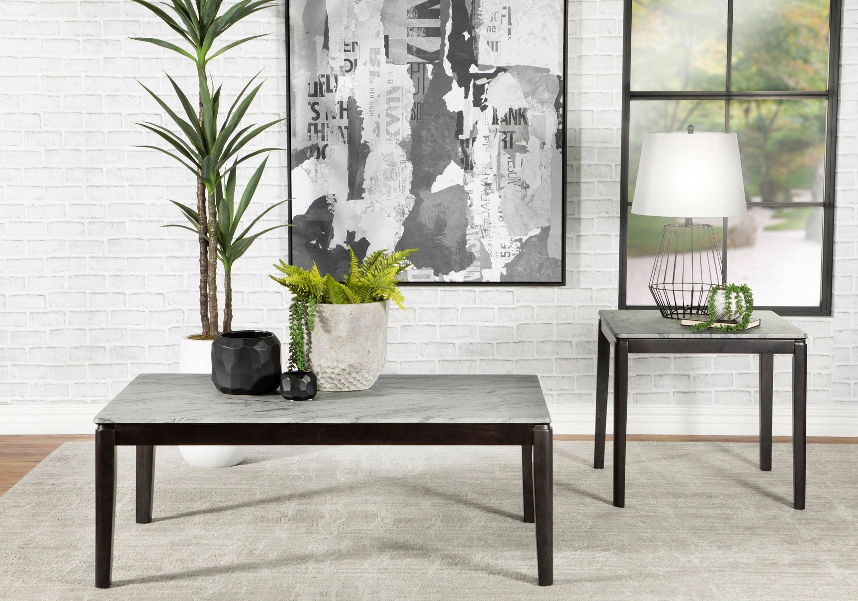 Mozzi Rectangular Coffee Table Faux Grey Marble And Black - Ella Furniture