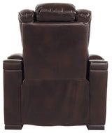 Warnerton Chocolate Faux Leather Power Recliner - Ella Furniture