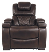 Warnerton Chocolate Faux Leather Power Recliner - Ella Furniture