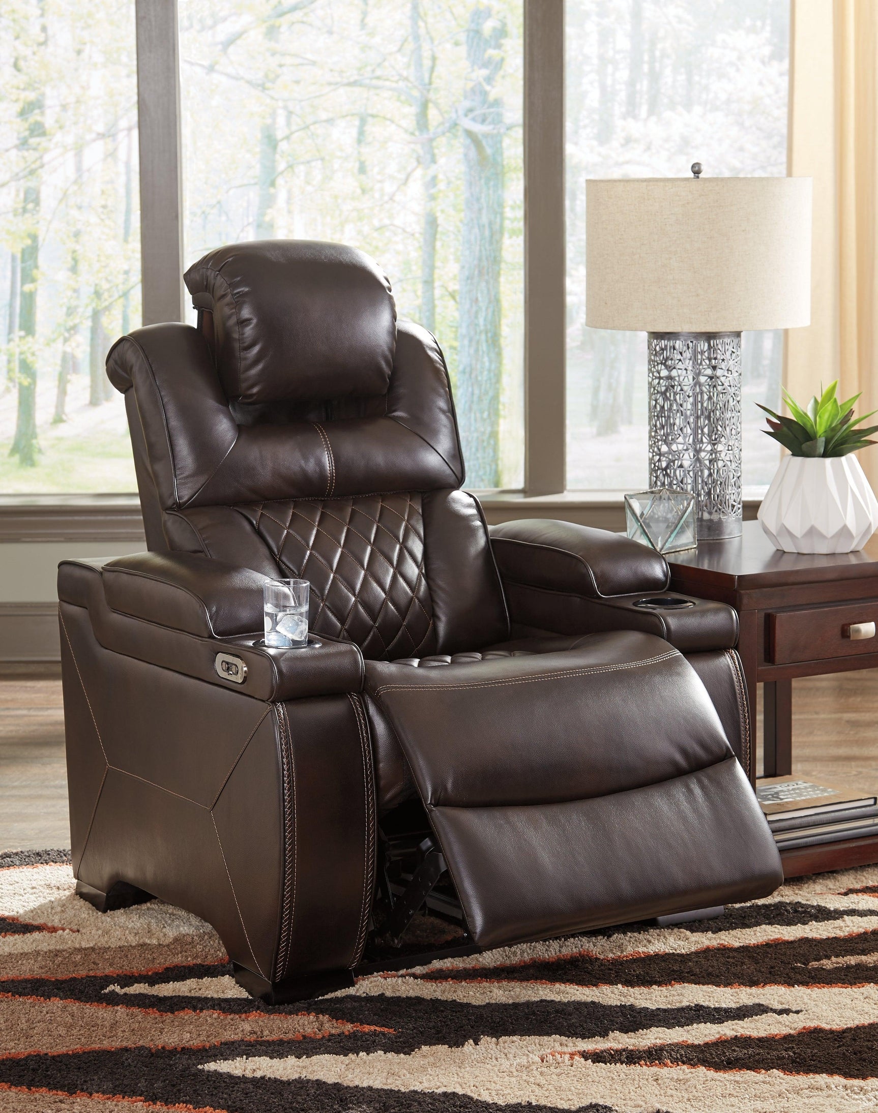 Warnerton Chocolate Faux Leather Power Recliner - Ella Furniture