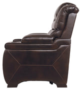 Warnerton Chocolate Faux Leather Power Recliner - Ella Furniture