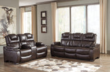 Warnerton Chocolate Faux Leather Power Reclining Sofa - Ella Furniture