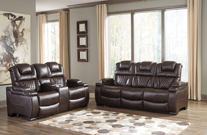 Warnerton Chocolate Faux Leather Power Reclining Loveseat With Console