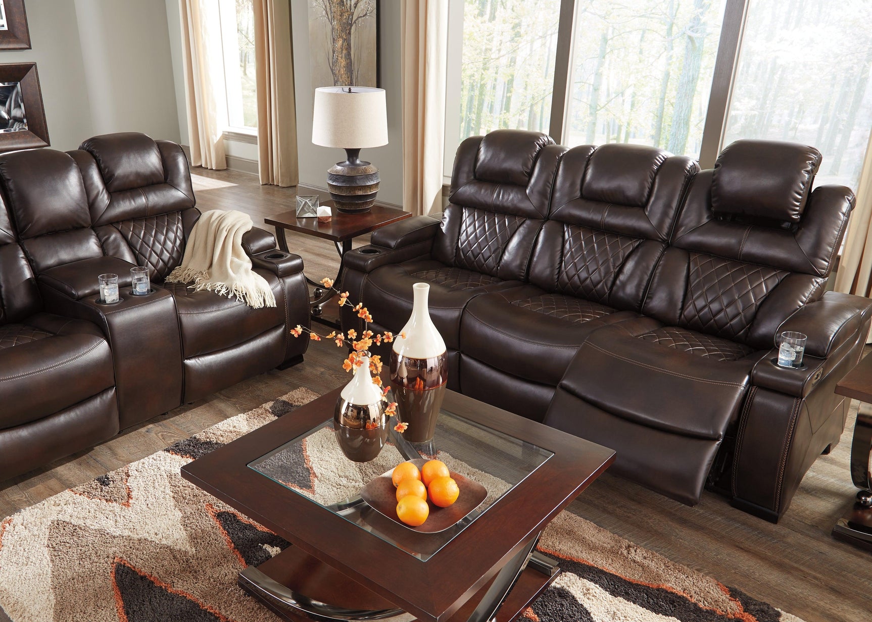 Warnerton Chocolate Faux Leather Power Reclining Sofa - Ella Furniture