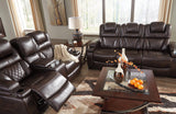 Warnerton Chocolate Faux Leather Power Reclining Sofa - Ella Furniture