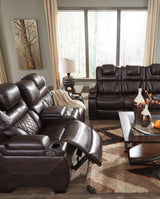 Warnerton Chocolate Faux Leather Power Reclining Sofa - Ella Furniture