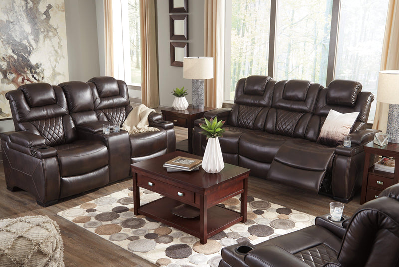 Warnerton Chocolate Faux Leather Power Reclining Loveseat With Console