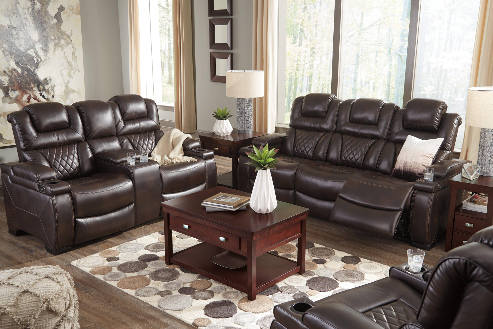 Warnerton Chocolate Faux Leather Power Reclining Sofa - Ella Furniture