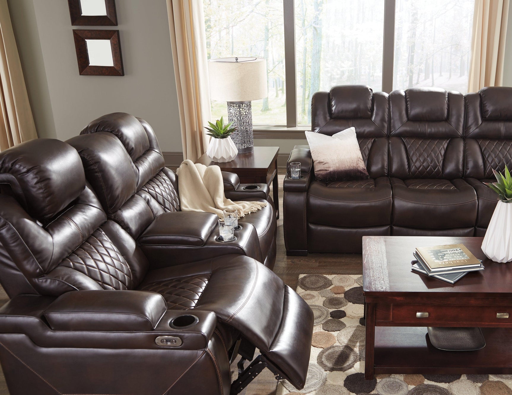 Warnerton Chocolate Faux Leather Power Reclining Sofa - Ella Furniture