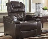 Warnerton Chocolate Faux Leather Power Recliner - Ella Furniture