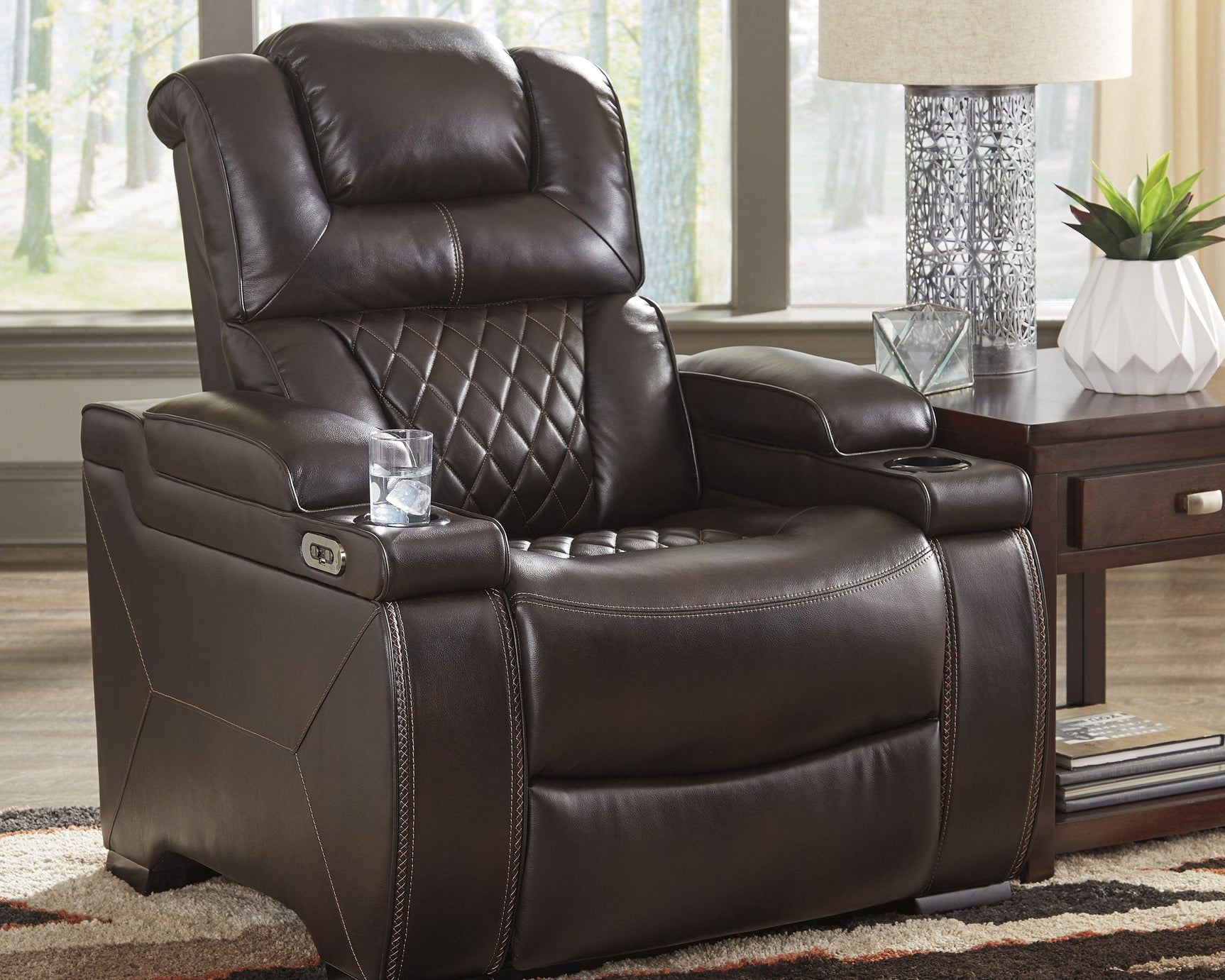 Warnerton Chocolate Faux Leather Power Recliner - Ella Furniture