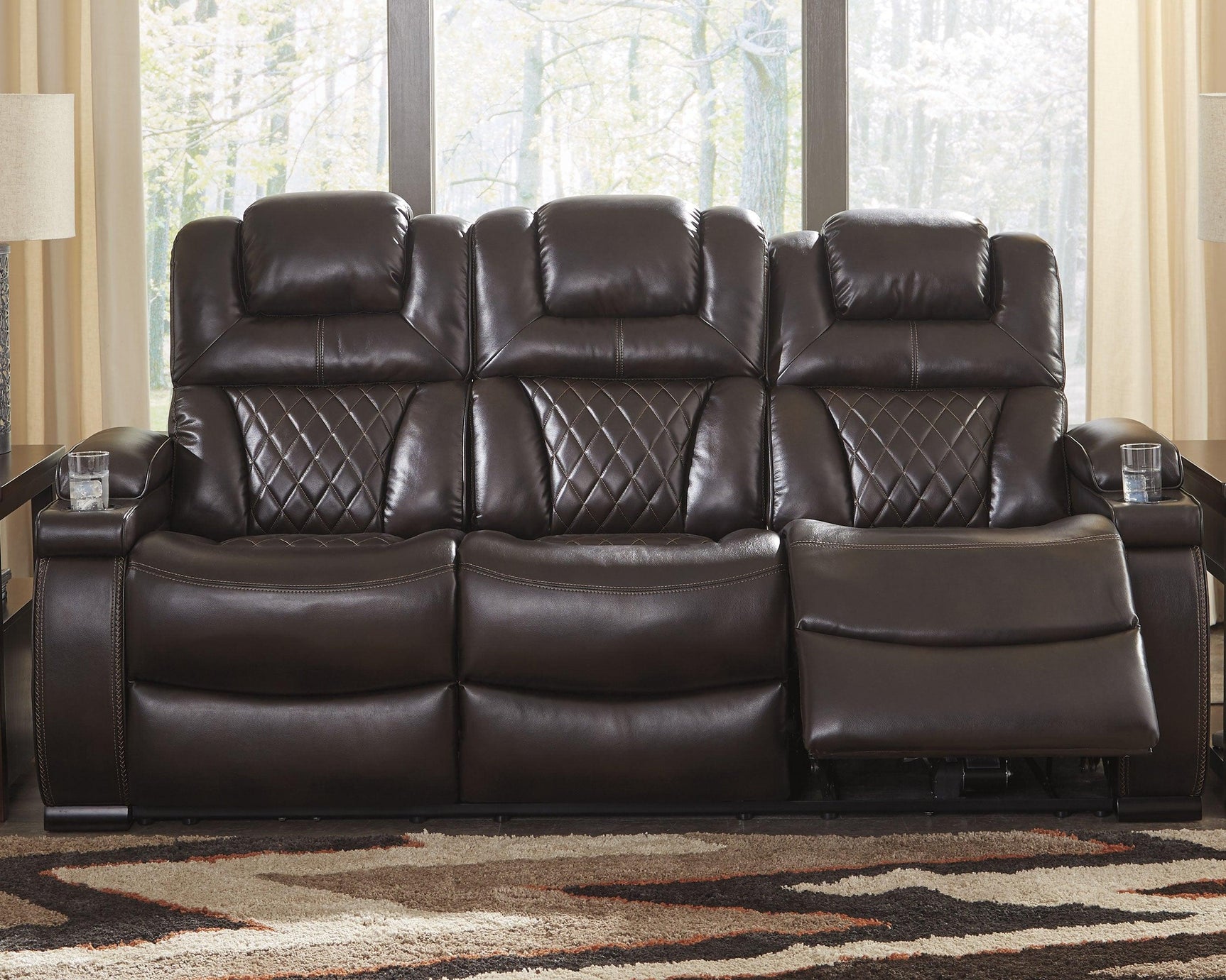 Warnerton Chocolate Faux Leather Power Reclining Sofa - Ella Furniture