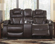 Warnerton Chocolate Faux Leather Power Reclining Loveseat With Console - Ella Furniture
