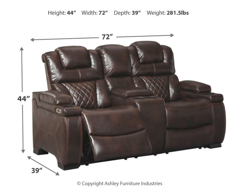 Warnerton Chocolate Faux Leather Power Reclining Loveseat With Console