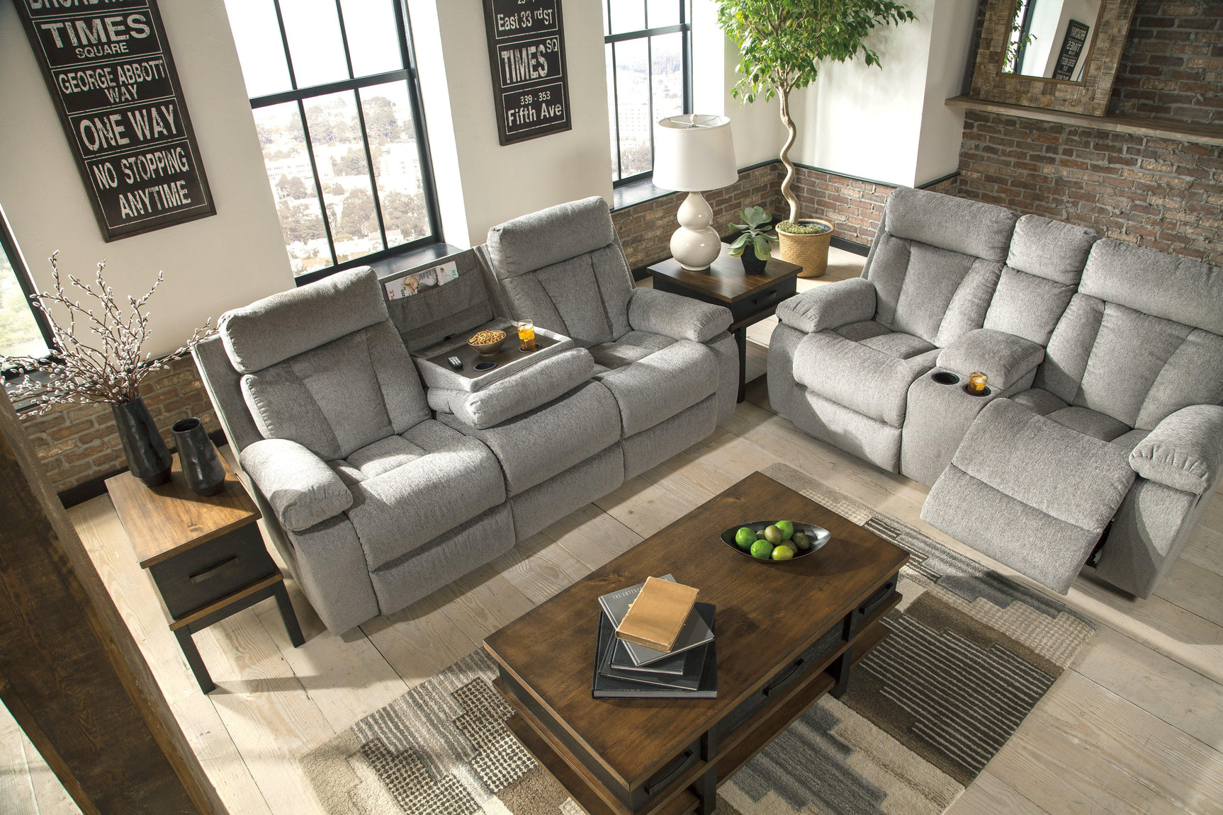 Mitchiner Fog Microfiber Reclining Sofa With Drop Down Table - Ella Furniture