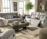 Mitchiner Fog Microfiber Reclining Sofa With Drop Down Table - Ella Furniture